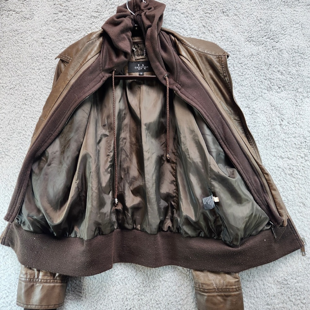 LA Coalition Faux Leather Jacket Women's M Brown Lined Long Sleeve Hood Full Zip - Picture 9 of 14